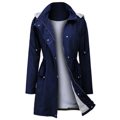 Damen-Windjacke, dunkelblau, wasserabweisend, mit Kapuze, ideal für Outdoor-Aktivitäten.