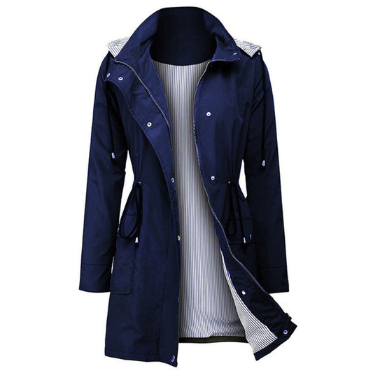 Damen-Windjacke, dunkelblau, wasserabweisend, mit Kapuze, ideal für Outdoor-Aktivitäten.