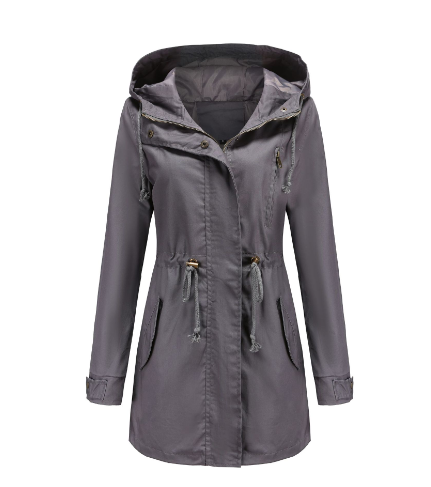 Damen Regenjacke Grau mit Kapuze, wasserdicht, Outdoor, modisch, funktional, Freizeitkleidung.