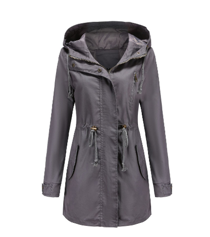 Damen Regenjacke Grau mit Kapuze, wasserdicht, Outdoor, modisch, funktional, Freizeitkleidung.