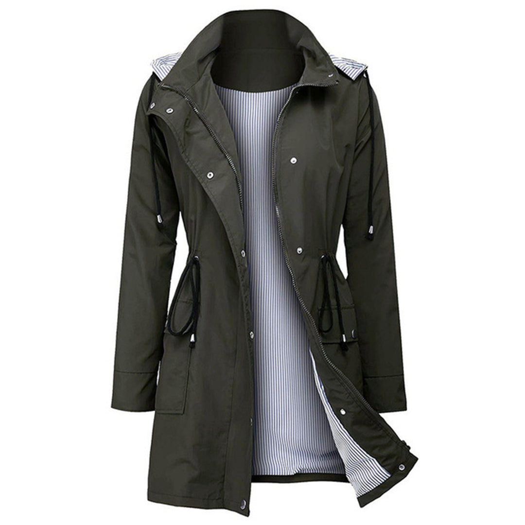 Damen-Windjacke, olivgrün, mit Kapuze, Kordelzug, gestreiftes Innenfutter, wasserabweisend.