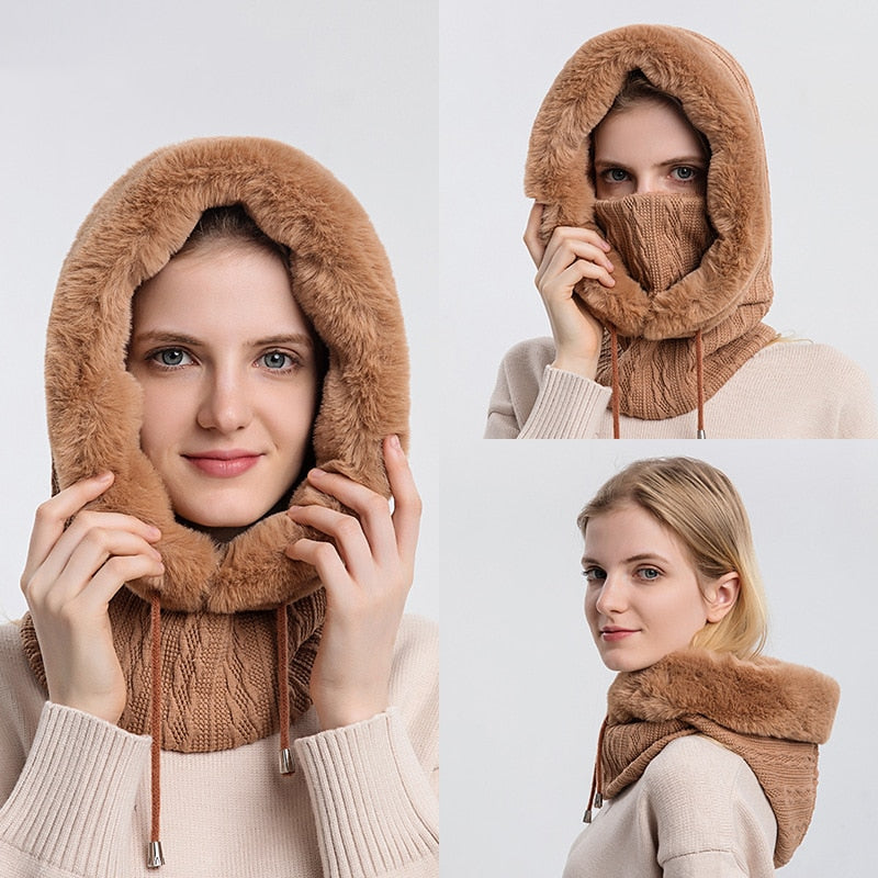 Damen Kapuzen-Schal aus Kunstpelz, beige, warm, modisch, Winteraccessoire.