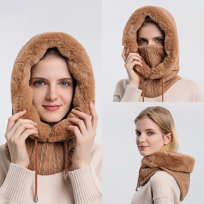 Damen Kapuzen-Schal aus Kunstpelz, beige, warm, modisch, Winteraccessoire.