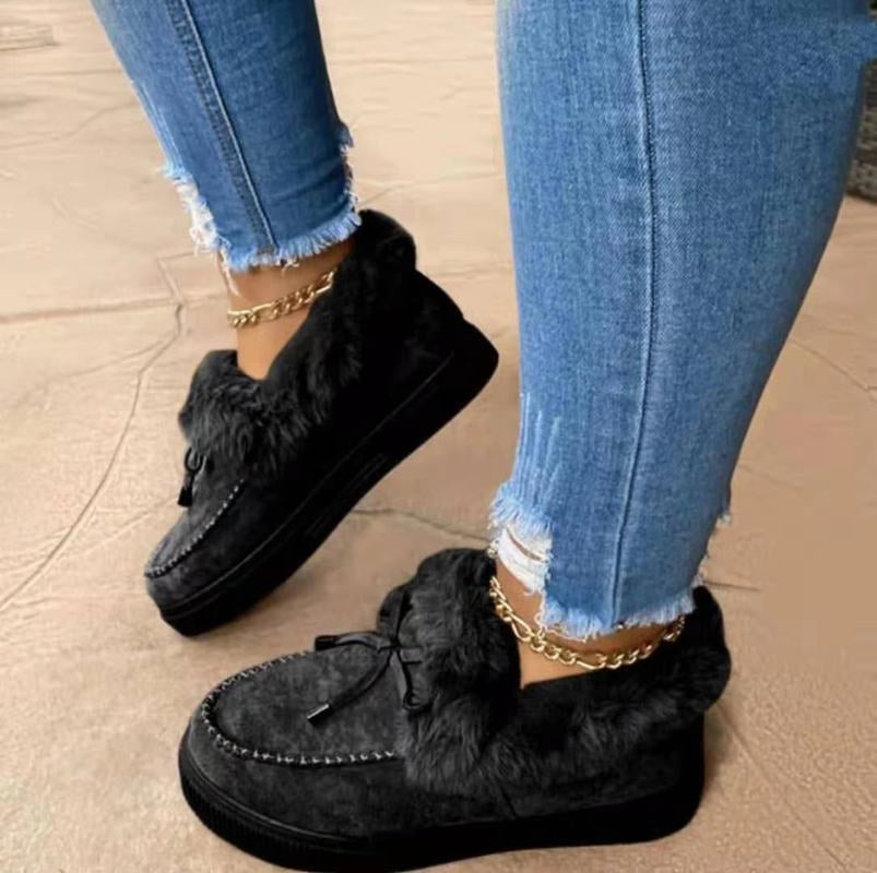 Damen-Winterschuhe, schwarz, Fell, bequem, modisch, Jeans, goldene Fußkettchen, Outdoor.