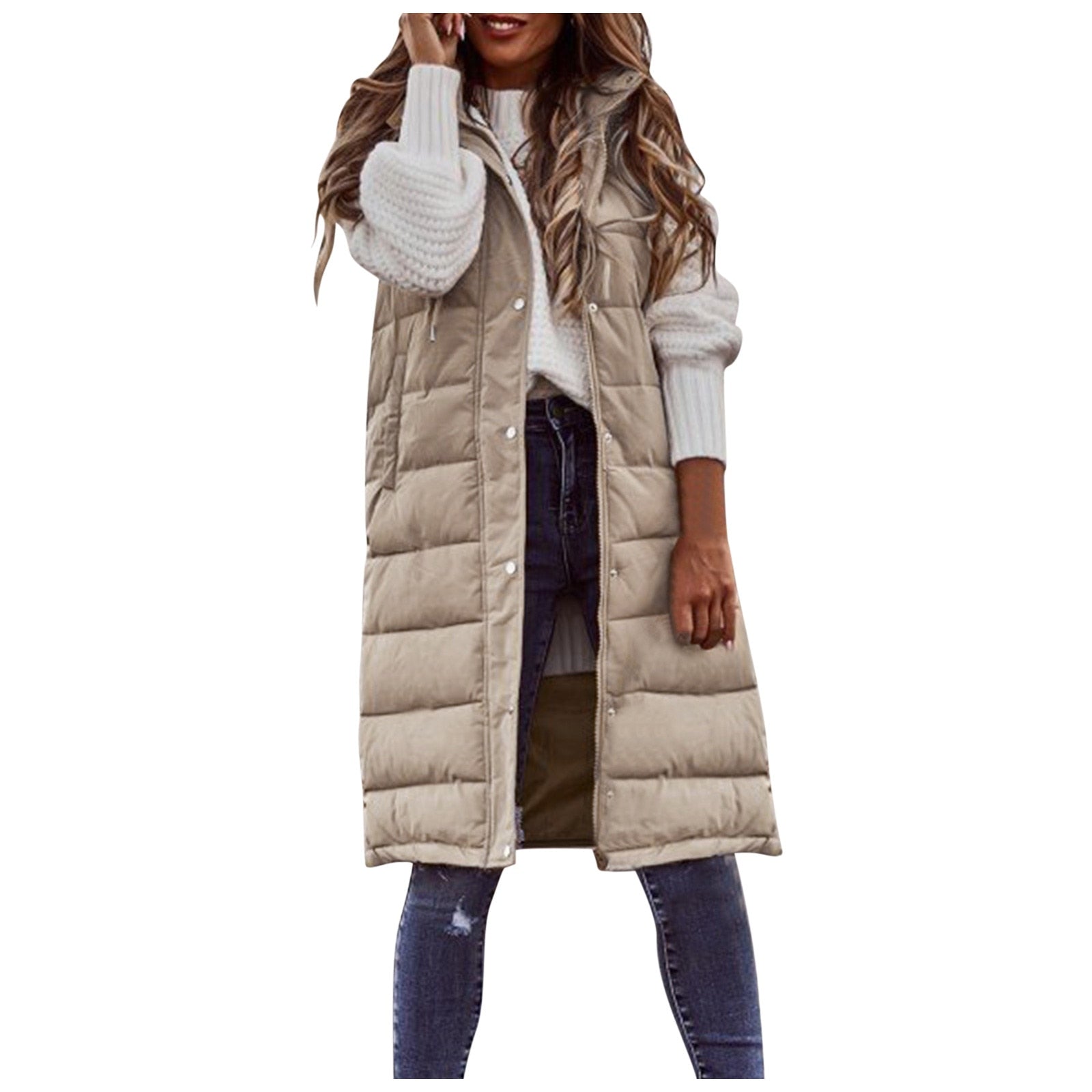 Damen Steppweste beige, lang, mit Kapuze, über Pullover und Jeans, modisch, warm.