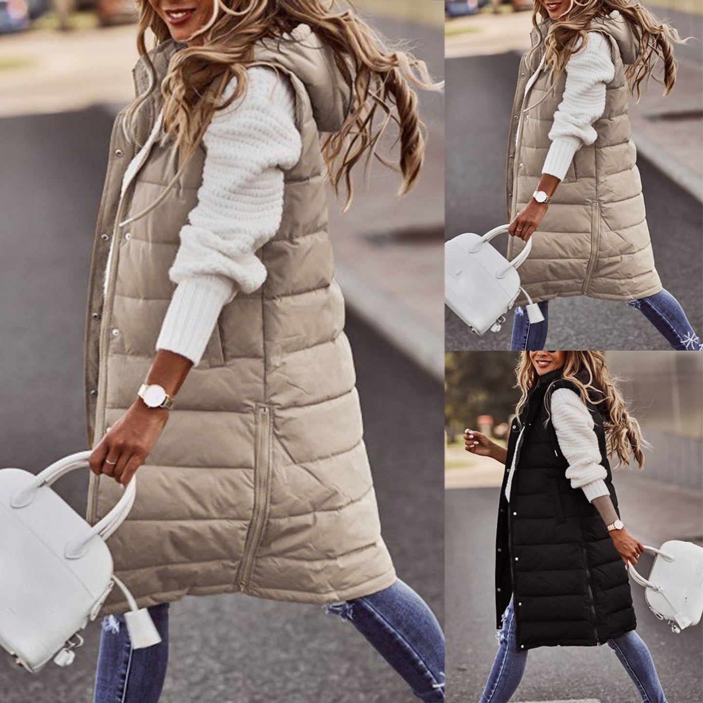 Damen Steppweste beige und schwarz, ärmellos, Kapuze, modisch, Herbst Winter Outfit.