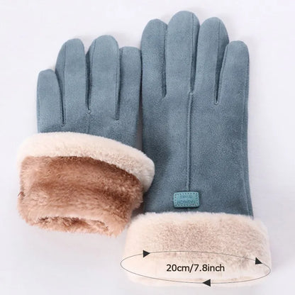 Blaue Damenhandschuhe mit Kunstfellfutter, 20 cm lang, Wintermode, warm und stilvoll.