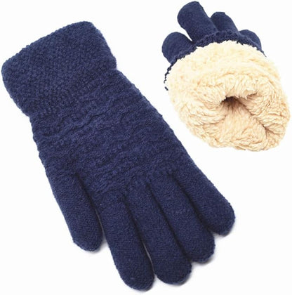 Dunkelblaue Strickhandschuhe mit beigem Fleecefutter, warm, wintertauglich, unisex.