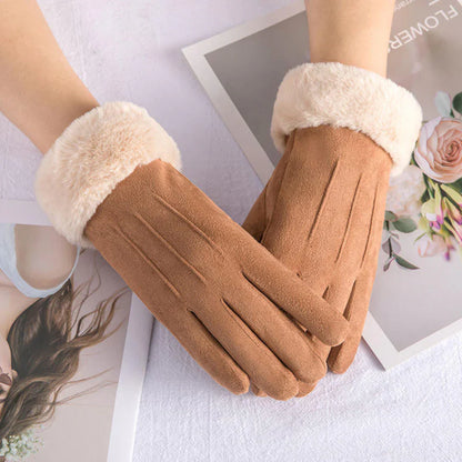 Damenhandschuhe aus braunem Wildleder mit weißem Kunstfellfutter, elegant und warm.