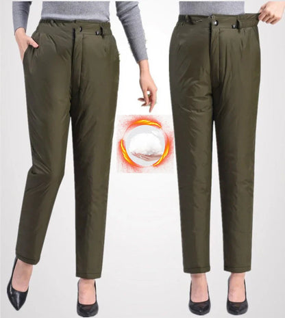 Damen Thermohose, olivgrün, warm, Winterbekleidung, isoliert, modisch, bequem, elegant.