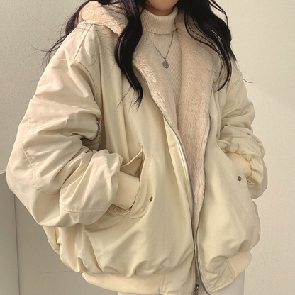 Damen Winterjacke beige, flauschig, warm, modisch, Reißverschluss, Kapuze, Freizeitkleidung