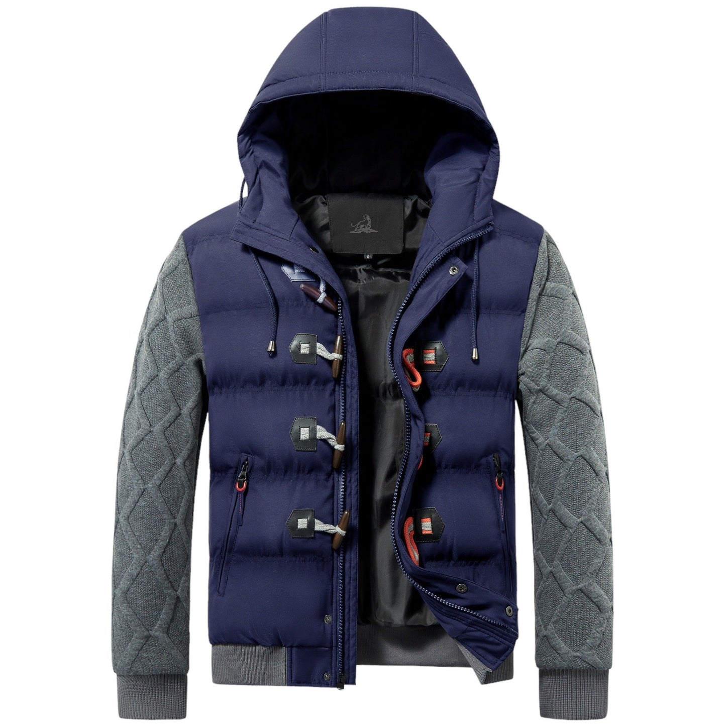 Dunkelblaue Herren-Daunenjacke mit Kapuze, grauen Ärmeln und Knebelverschlüssen.