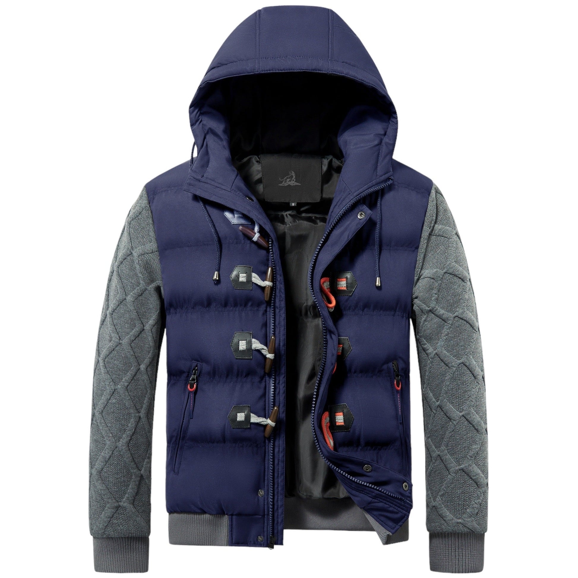 Dunkelblaue Herren-Daunenjacke mit Kapuze, grauen Ärmeln und Knebelverschlüssen.