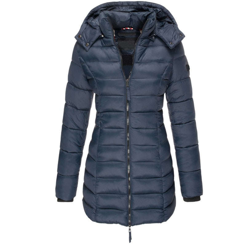Dunkelblaue Damen-Daunenjacke mit Kapuze, Reißverschluss, gesteppte Wintermode.