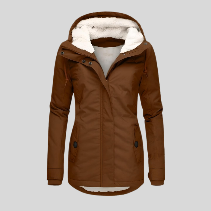 Braune Damenjacke mit Kapuze, Fleece-Innenfutter, Wintermantel, modisch und warm.