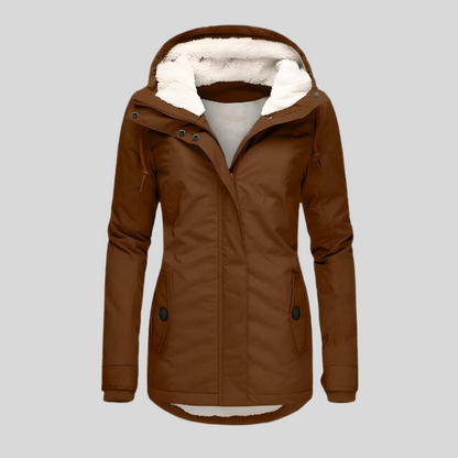 Braune Damenjacke mit Kapuze, Fleece-Innenfutter, Wintermantel, modisch und warm.