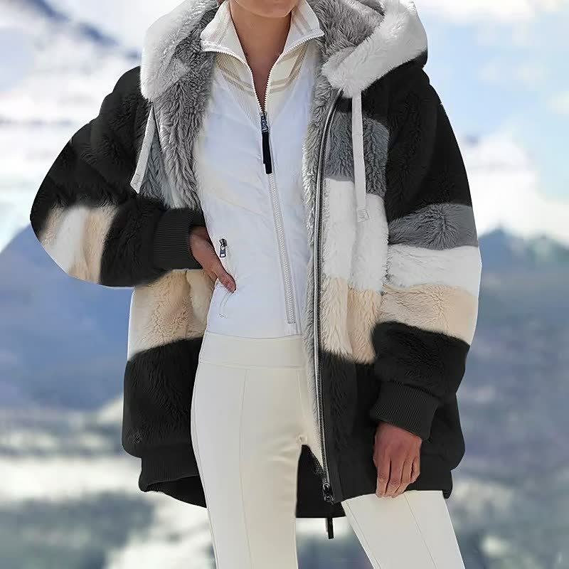 Damen Winterjacke, gestreift, Kapuze, schwarz-weiß-grau, warm, modisch, Outdoor-Bekleidung.