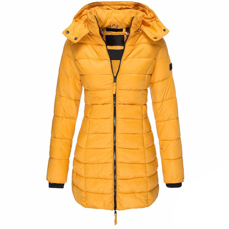 Gelbe Damen-Daunenjacke mit Kapuze, Reißverschluss, warm, modisch, Winterbekleidung.