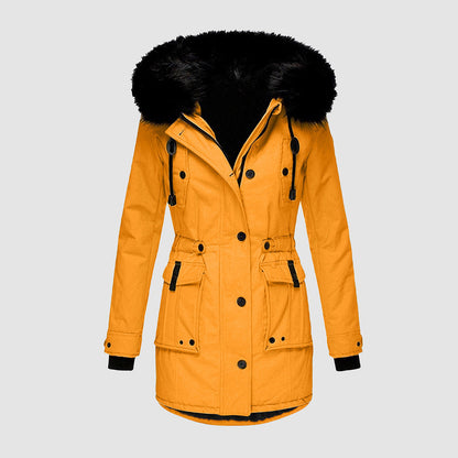 Goldene Damen-Winterjacke mit Kapuze, Fellbesatz, Knöpfen und Taschen, modisch und warm.