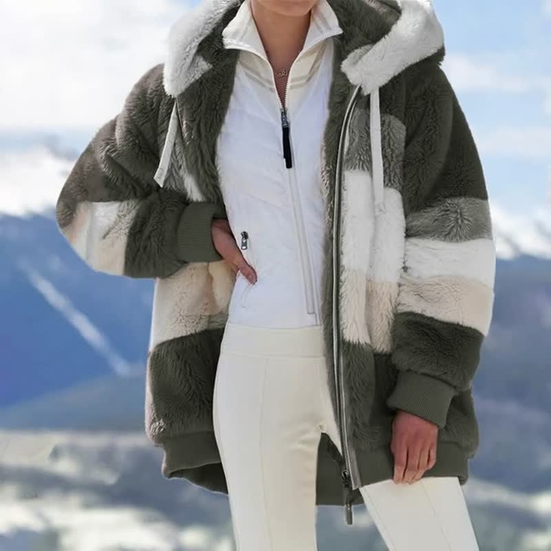 Damen Winterjacke, grün-weiß gestreift, Kunstpelz, Kapuze, warm, modisch, Outdoor-Bekleidung.