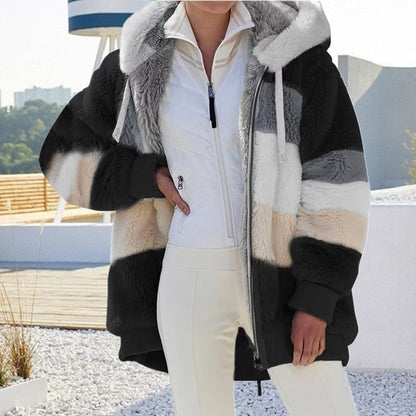 Damen Winterjacke, gestreift, Kunstpelz, Kapuze, schwarz-weiß, warm, modisch, Outdoor.
