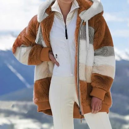 Damen Winterjacke, gestreift, braun-weiß, Kunstpelz, Kapuze, modisch, warm, Outdoor-Bekleidung