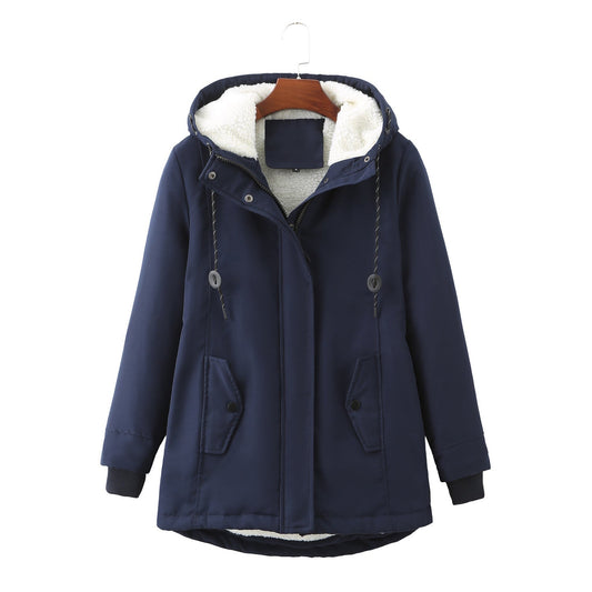Dunkelblaue Winterjacke mit Kapuze, Fleece-Futter, Damenmode, warm, stilvoll, Outdoor-Bekleidung.