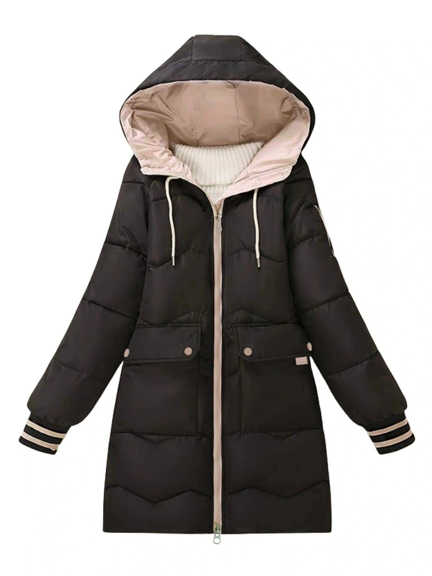 Schwarzer Damen-Wintermantel mit Kapuze, Reißverschluss, gesteppt, warm, modisch.