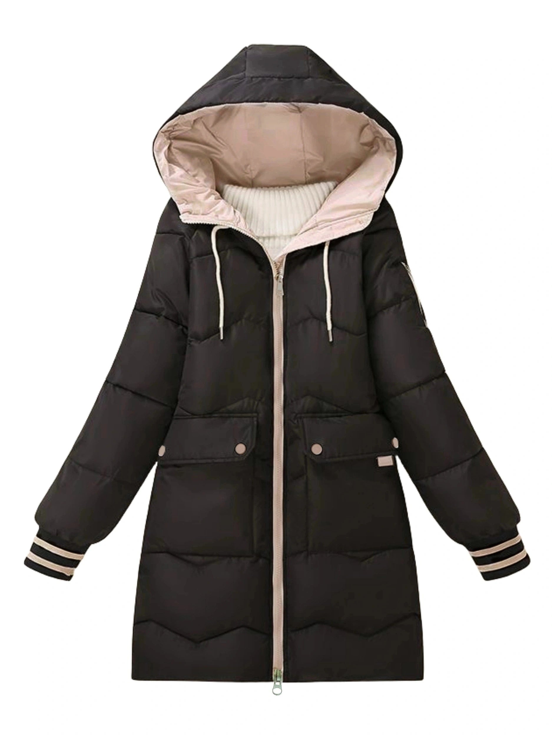 Schwarzer Damen-Wintermantel mit Kapuze, Reißverschluss, gesteppt, warm, modisch.