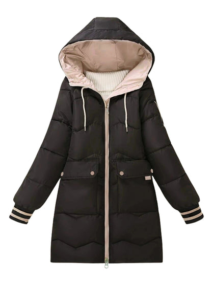 Schwarzer Damen-Wintermantel mit Kapuze, Reißverschluss, gesteppt, warm, modisch.