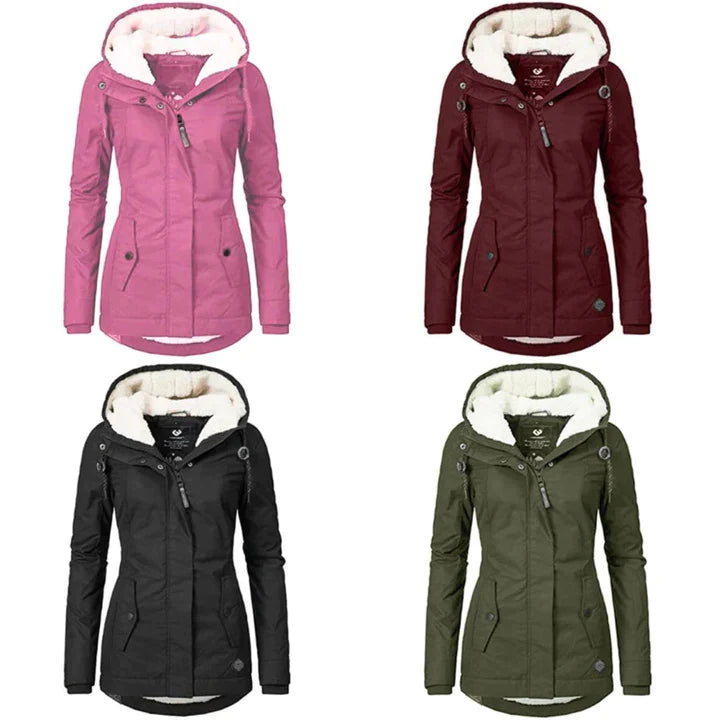 Vier Damen-Winterjacken mit Kapuze in Rosa, Rot, Schwarz und Grün, gefüttert, modisch.