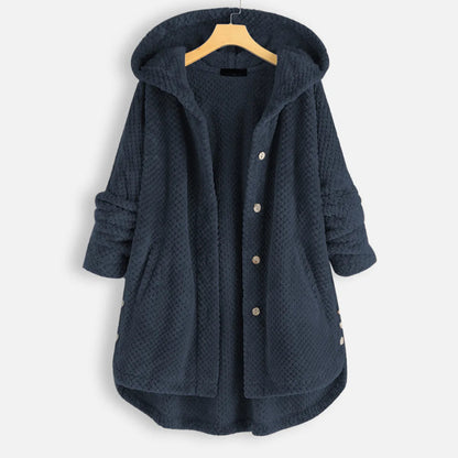 Dunkelblauer Damen-Fleece-Mantel mit Kapuze, Knöpfen und Taschen, gemütlich und warm.