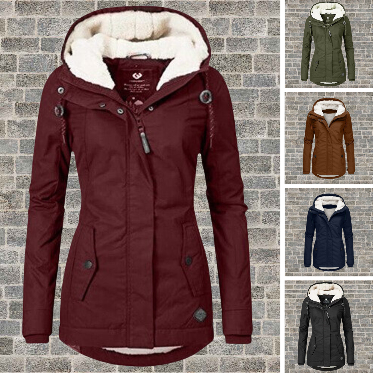 Damen Winterjacke mit Kapuze, gefüttert, in Rot, Braun, Grün, Blau, Schwarz vor Ziegelwand.