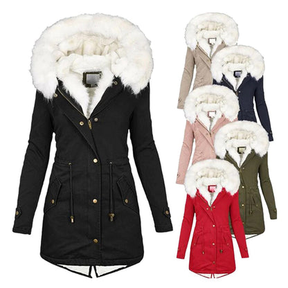 Damen Wintermantel mit Kapuze, Kunstfell, verschiedene Farben, warm, modisch, elegant.