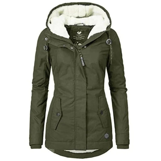 Damen Winterjacke mit Kapuze, olivgrün, warm gefüttert, ideal für kalte Temperaturen.