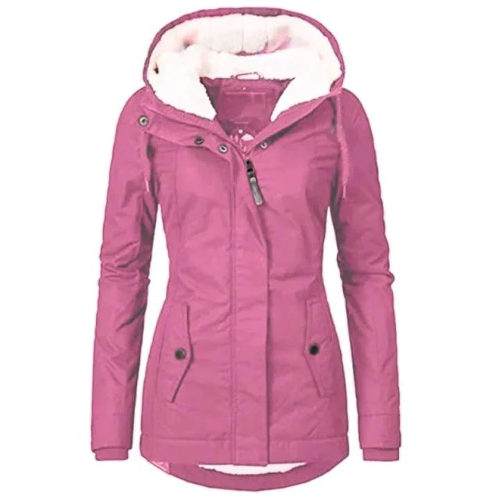 Damen Winterjacke pink mit Kapuze, warm gefüttert, modisch, Outdoor-Bekleidung, Wintermantel.