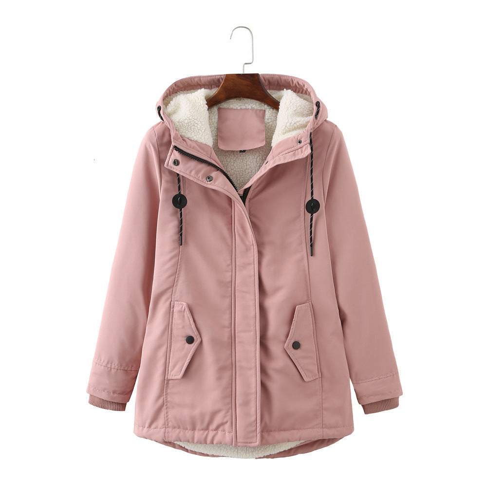 Rosa Damenjacke mit Kapuze, Fleece-Innenfutter, Wintermantel, warm, modisch, bequem.