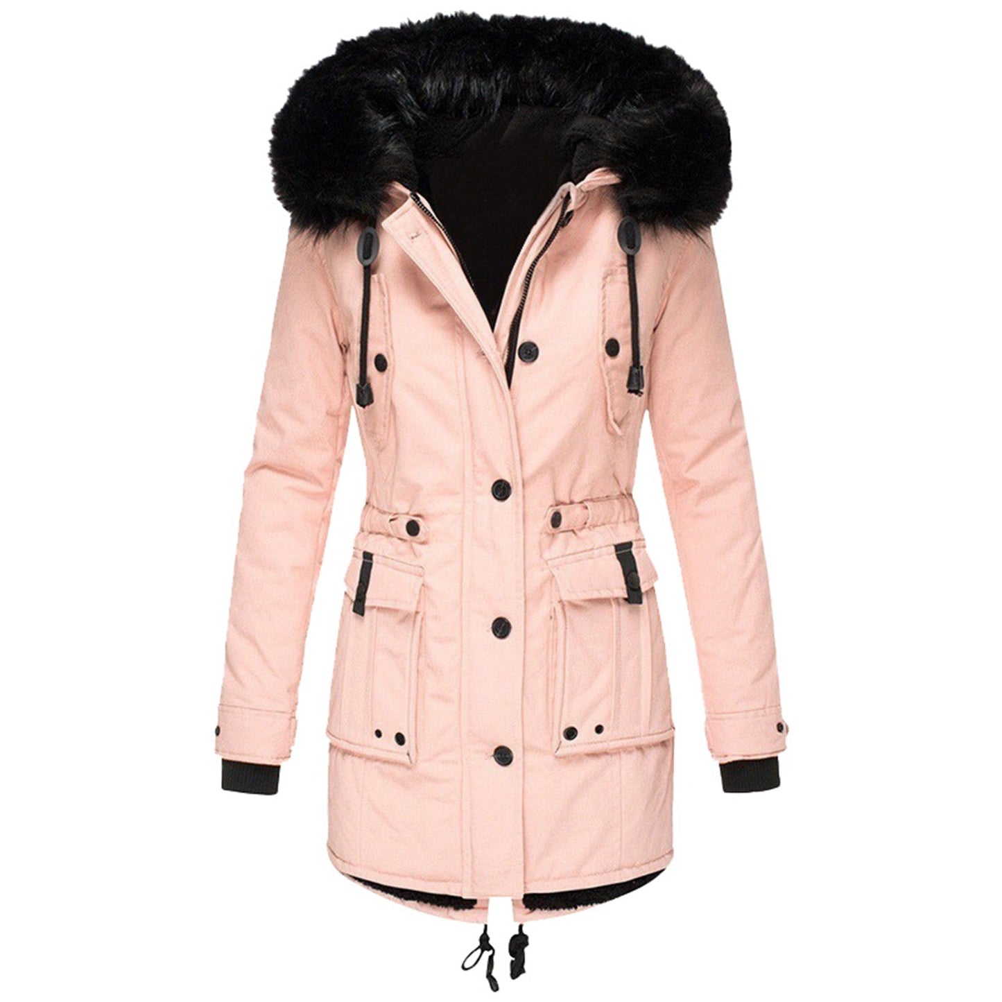 Damen Wintermantel rosa mit Kapuze, Kunstfellbesatz, warm, modisch, Outdoor-Bekleidung.