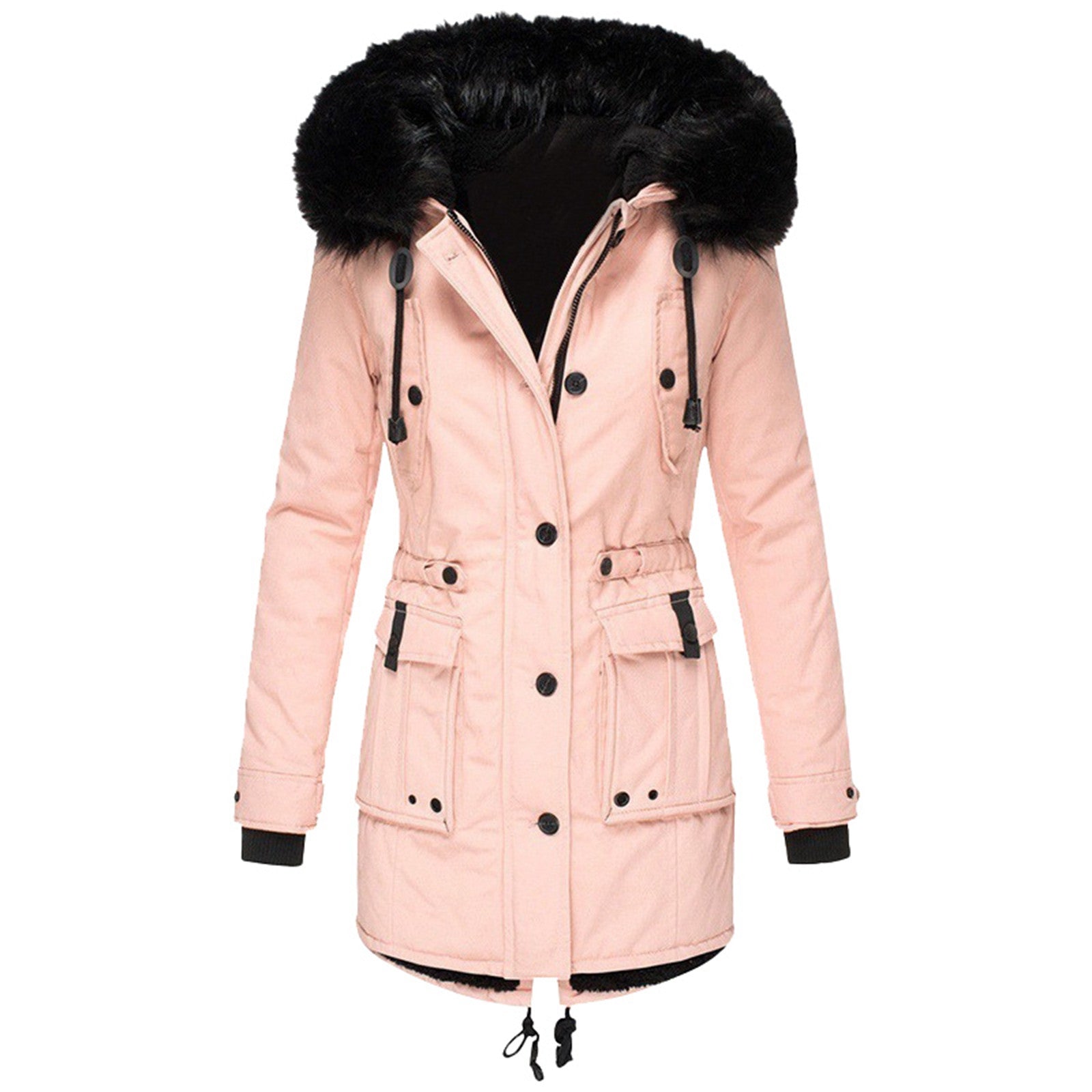 Damen Wintermantel rosa mit Kapuze, Kunstfellbesatz, warm, modisch, Outdoor-Bekleidung.