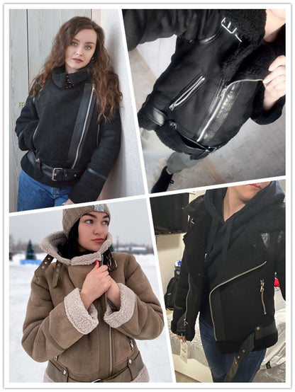 Vier Frauen in stilvollen, schwarzen und braunen Lammfelljacken für den Winter.