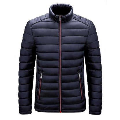 Schwarze Daunenjacke Herren, Stehkragen, Reißverschluss, Wintermode, warm, stilvoll