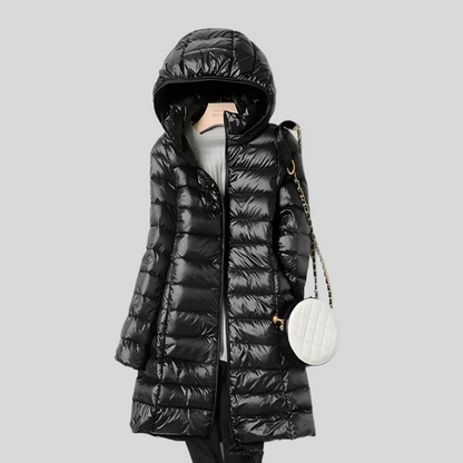 Schwarzer Damen-Daunenmantel mit Kapuze, glänzend, modisch, warm, Winterjacke.