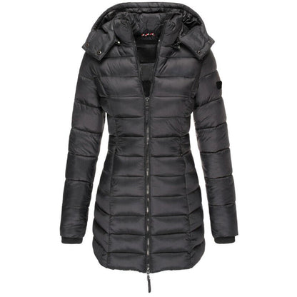 Schwarze Damen-Daunenjacke mit Kapuze, gesteppte Winterjacke, warm, modisch, Reißverschluss.