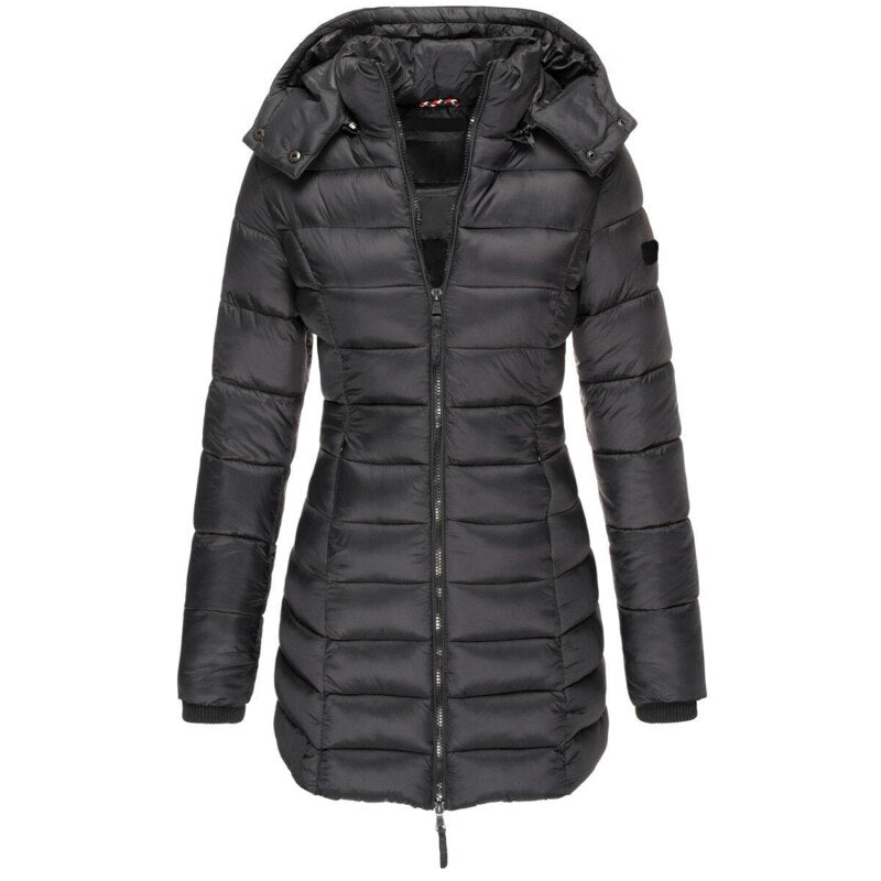 Schwarze Damen-Daunenjacke mit Kapuze, gesteppte Winterjacke, warm, modisch, Reißverschluss.