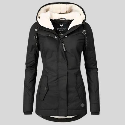 Schwarze Damen-Winterjacke mit Kapuze, Fleece-Futter, Reißverschluss, warm, modisch.