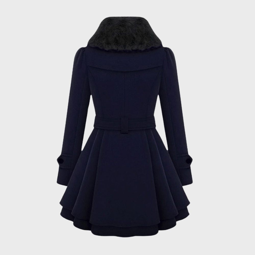 Damen Wintermantel blau, lang, mit Gürtel und Kunstpelzkragen, elegantes Design.