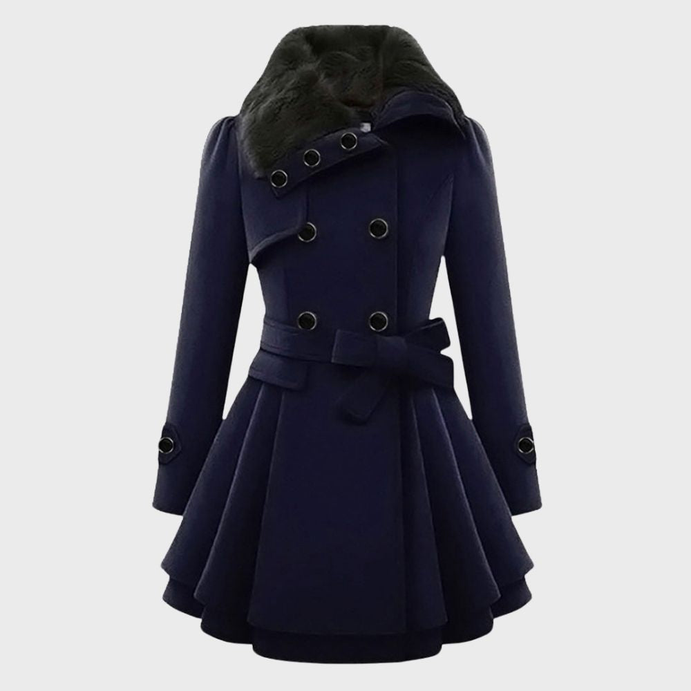 Damen Wintermantel blau, doppelte Knopfleiste, Gürtel, Pelzkragen, elegant, warm.