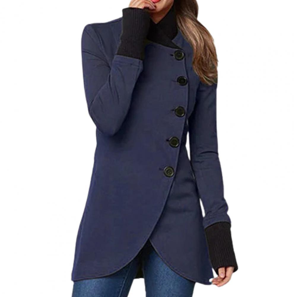 Damenmantel blau, asymmetrisch, Knopfleiste, lange Ärmel, modisch, Herbstmode.