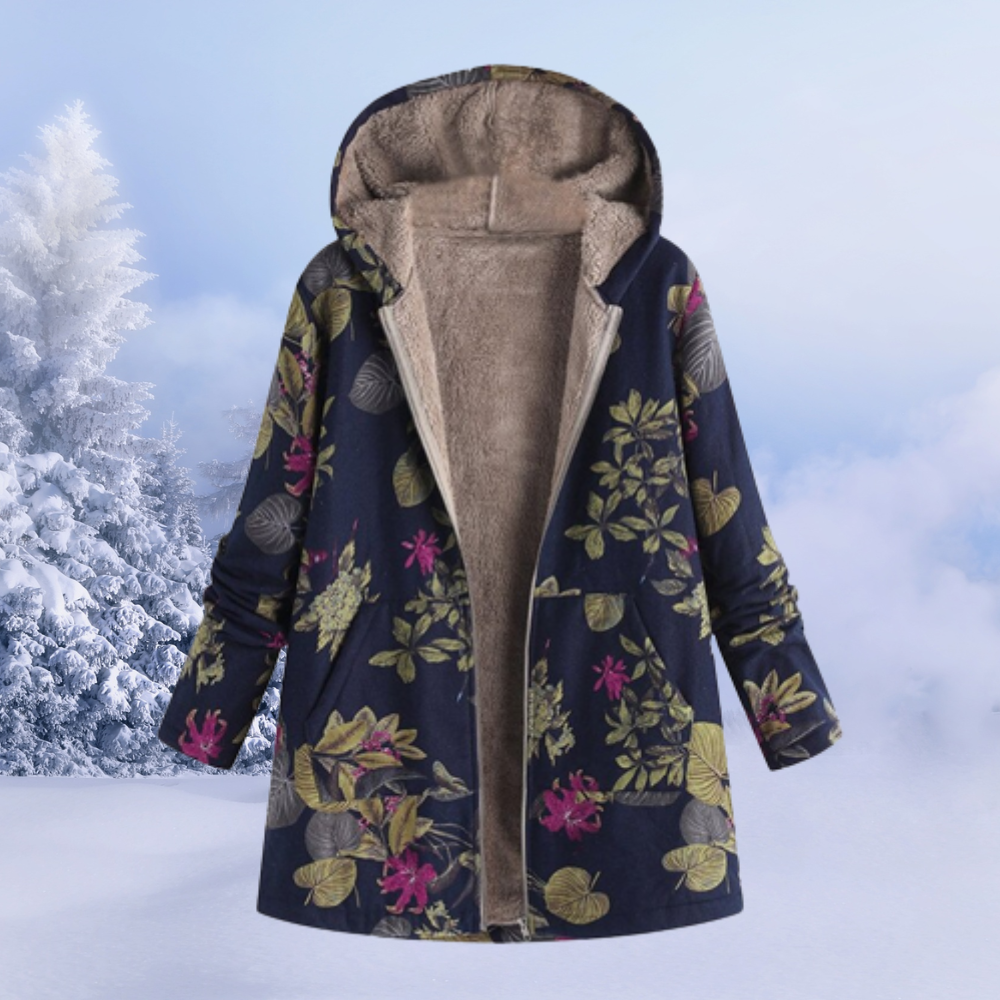 Damen Wintermantel mit Blumenmuster, dunkelblau, Fleece-Innenfutter, Kapuze, warm, modisch.