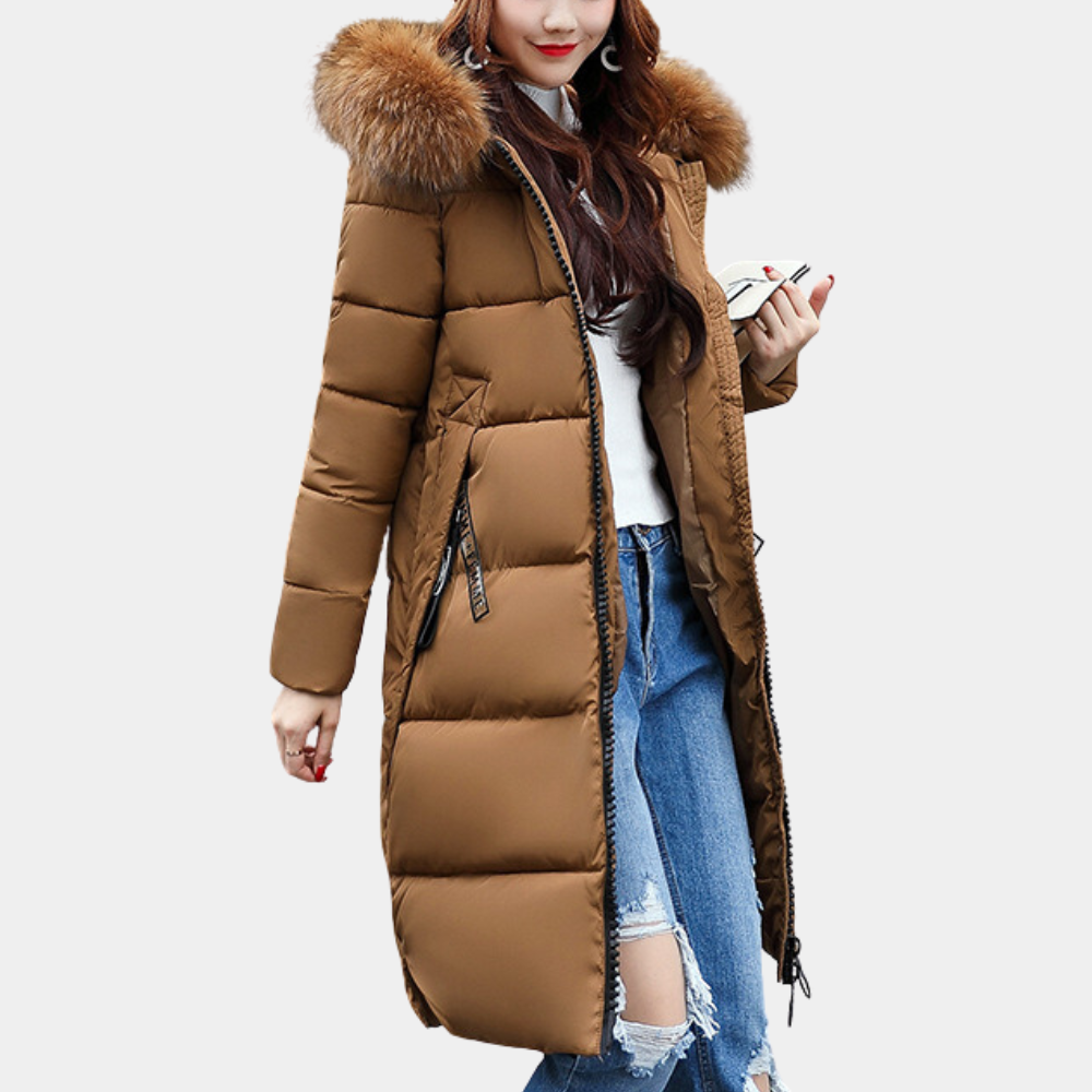 Brauner Damen-Daunenmantel mit Kapuze und Kunstfell, Winterjacke, modisch, warm.